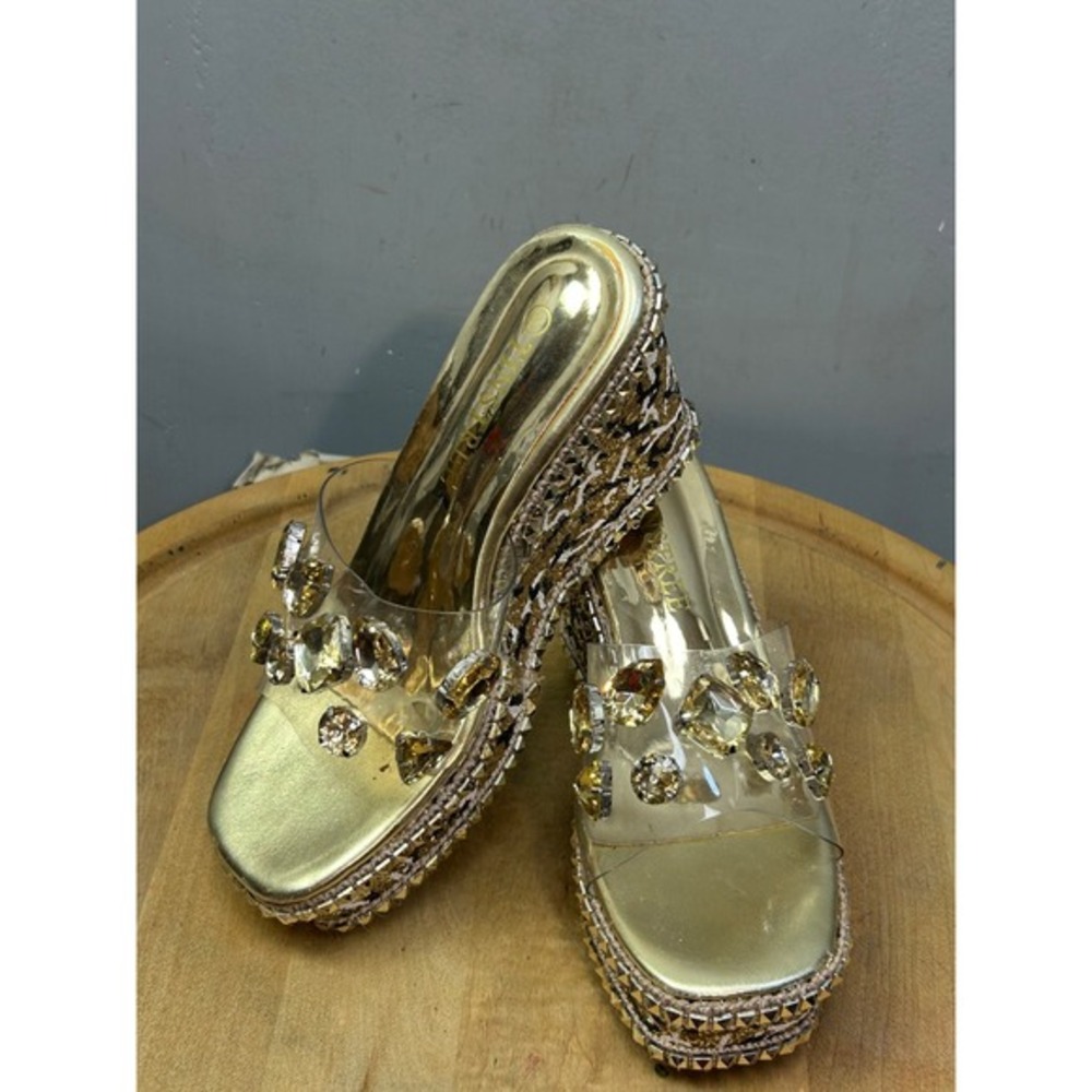 Tinstree Wedge Sandals Womens 8 Gold Leopard Crystal Stud Platform‎ Clear Strap